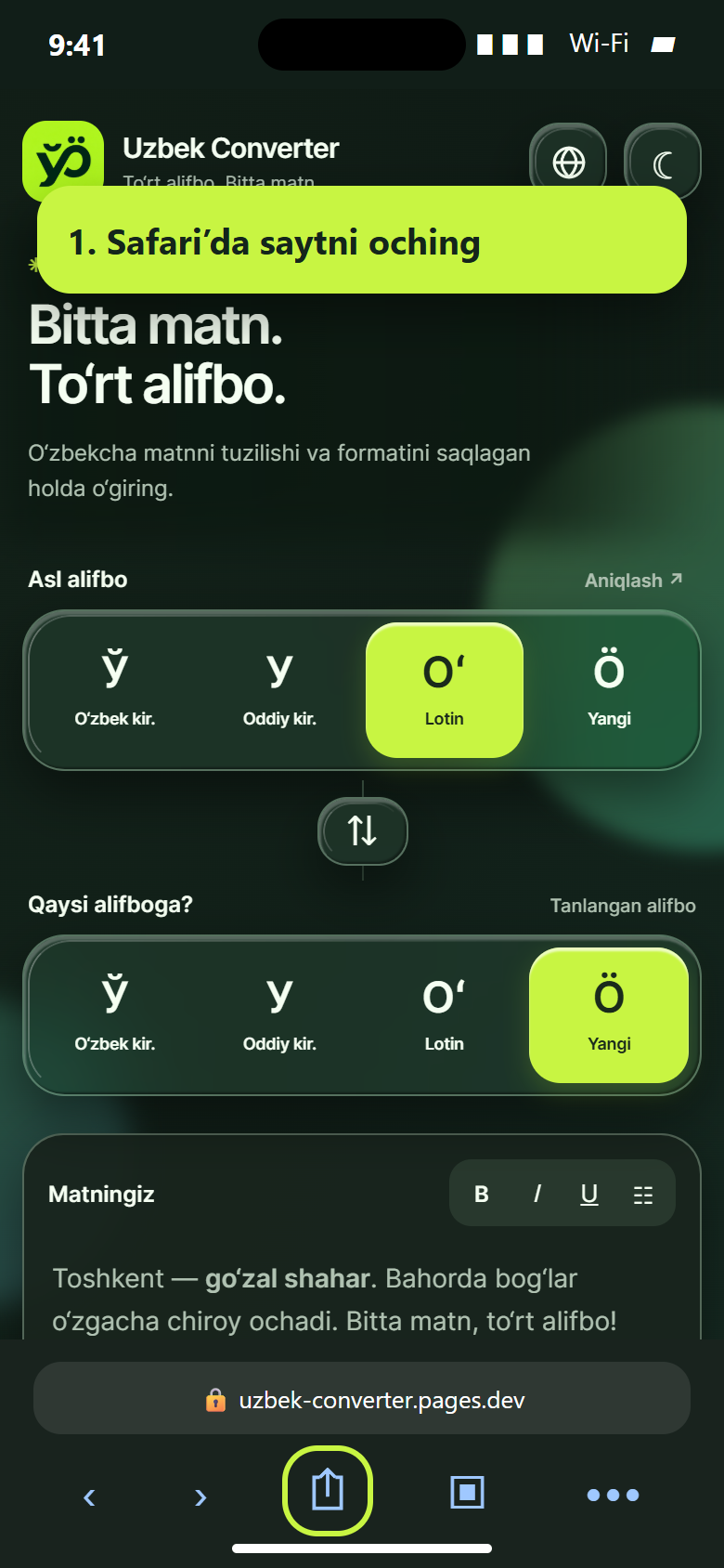 Safari’da Uzbek Converter ochilgan va Ulashish belgisi ko‘rsatilgan
