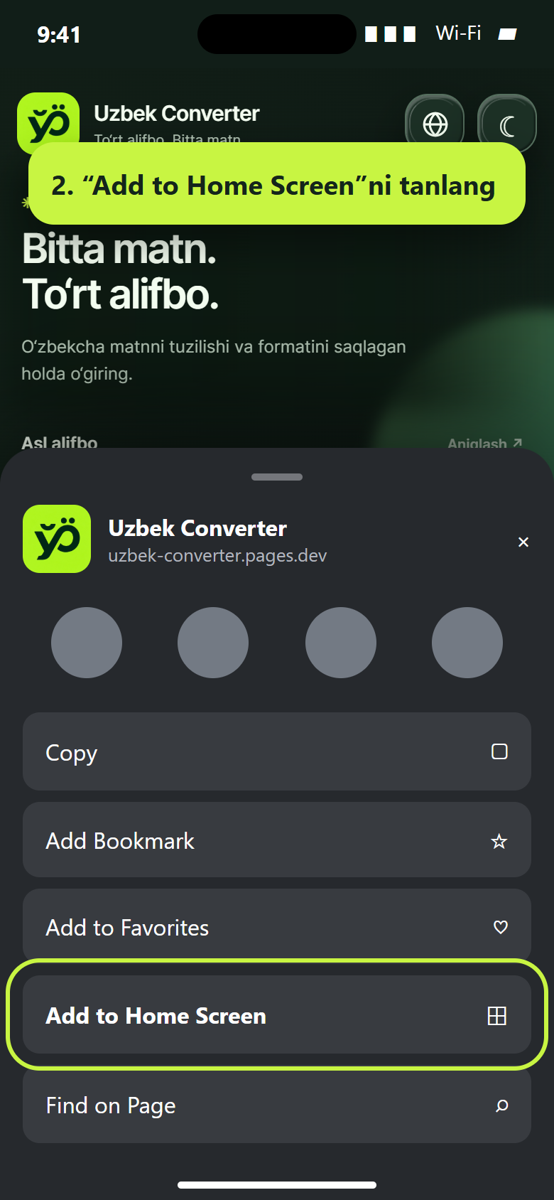 Ulashish menyusida Add to Home Screen bandi ajratib ko‘rsatilgan