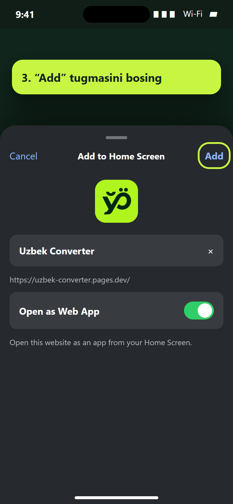 Bosh ekranga qo‘shish oynasi: Uzbek Converter nomi, yoqilgan Open as Web App va Add tugmasi